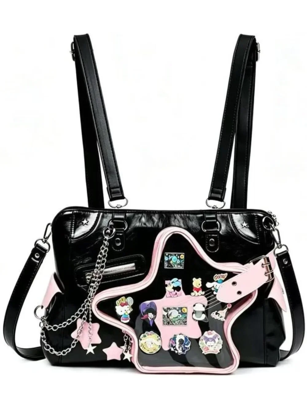 Y2K Crossbody Purse - Large Black & Pink Star Guitar Pin Shoulder Bag, Cute